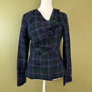 L.A.M.B. Fall 2008 Women’s 6 Wool Draped Plaid Blazer Jacket Leather Buttons